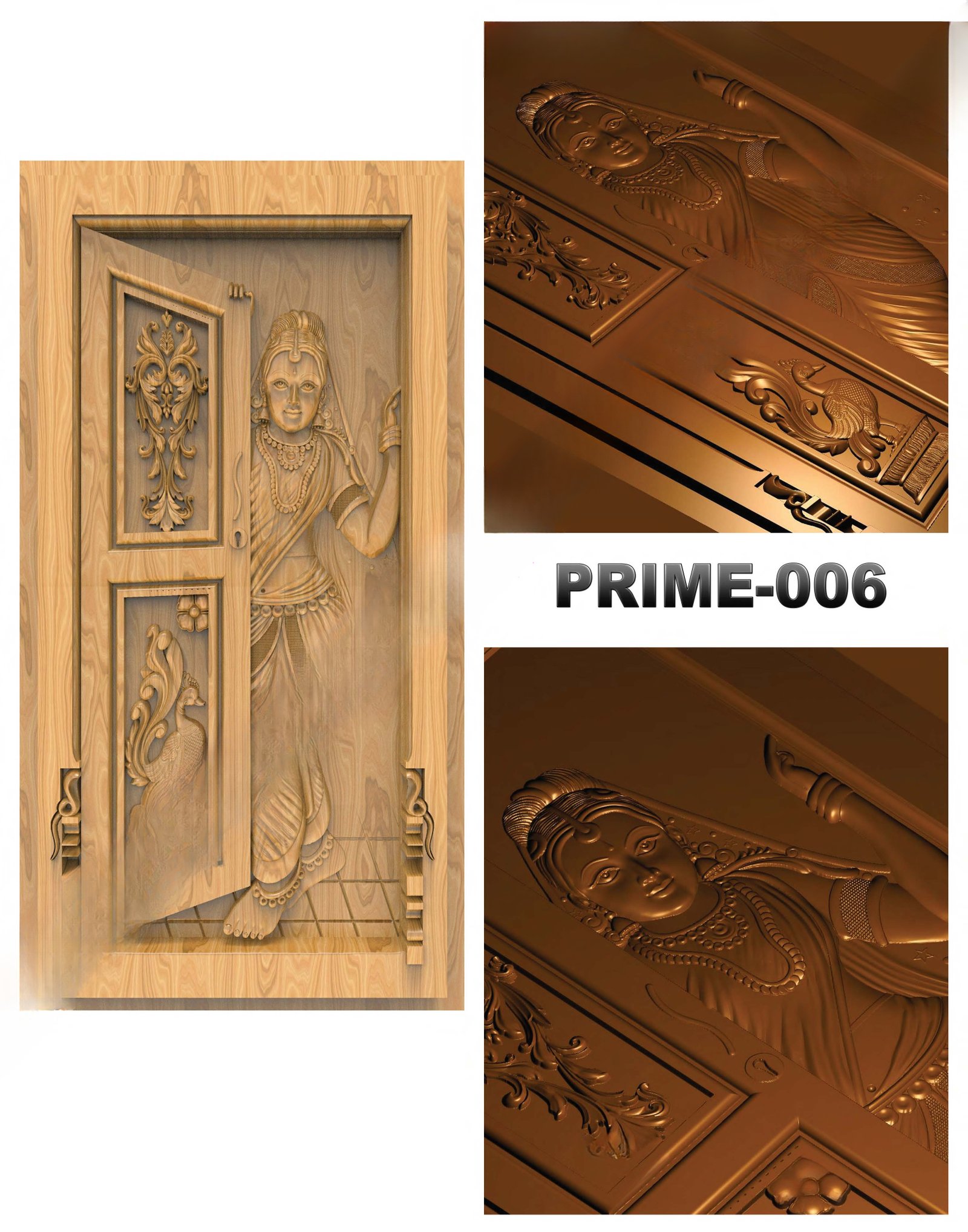 prime designs - PRIME-06 Traditional Indian Ethnic Lady Carved Wooden Door 3D Relief Model